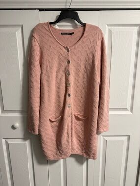 Gudrun Sjoden Dusty Pink Button-Up Knit Cardigan Size L Maxi Long Comfy